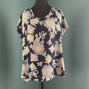 LOFT Floral Print Top - navy , Yellow, Orange